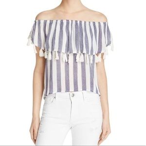Vintage Havana • Blue & White Tasseled Off The Shoulder Top
